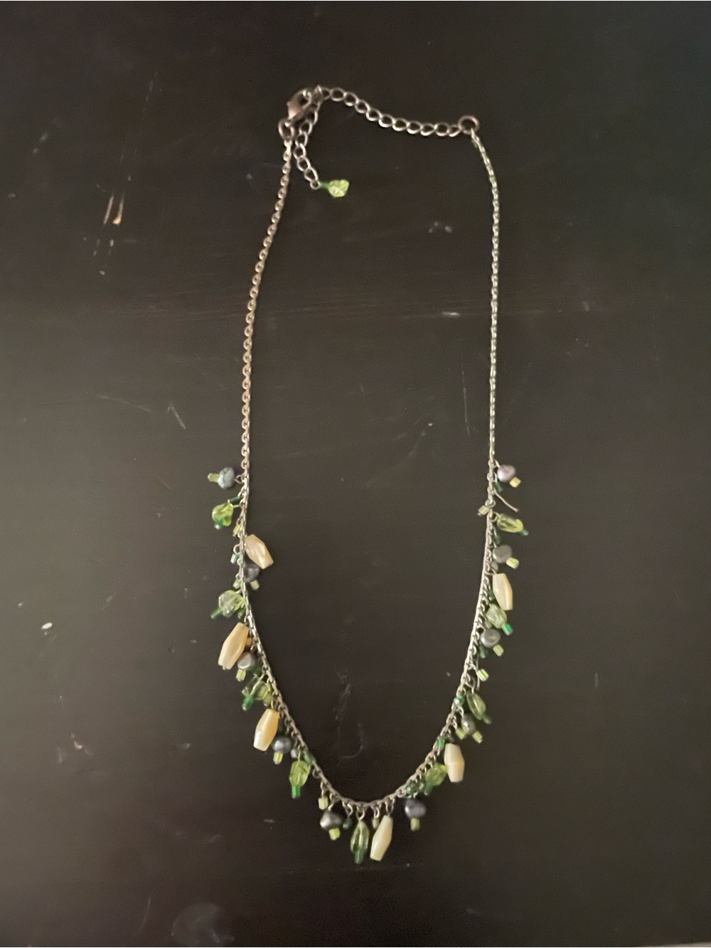 Source Unknown Green Bead Fringe Necklace with Cream Accents